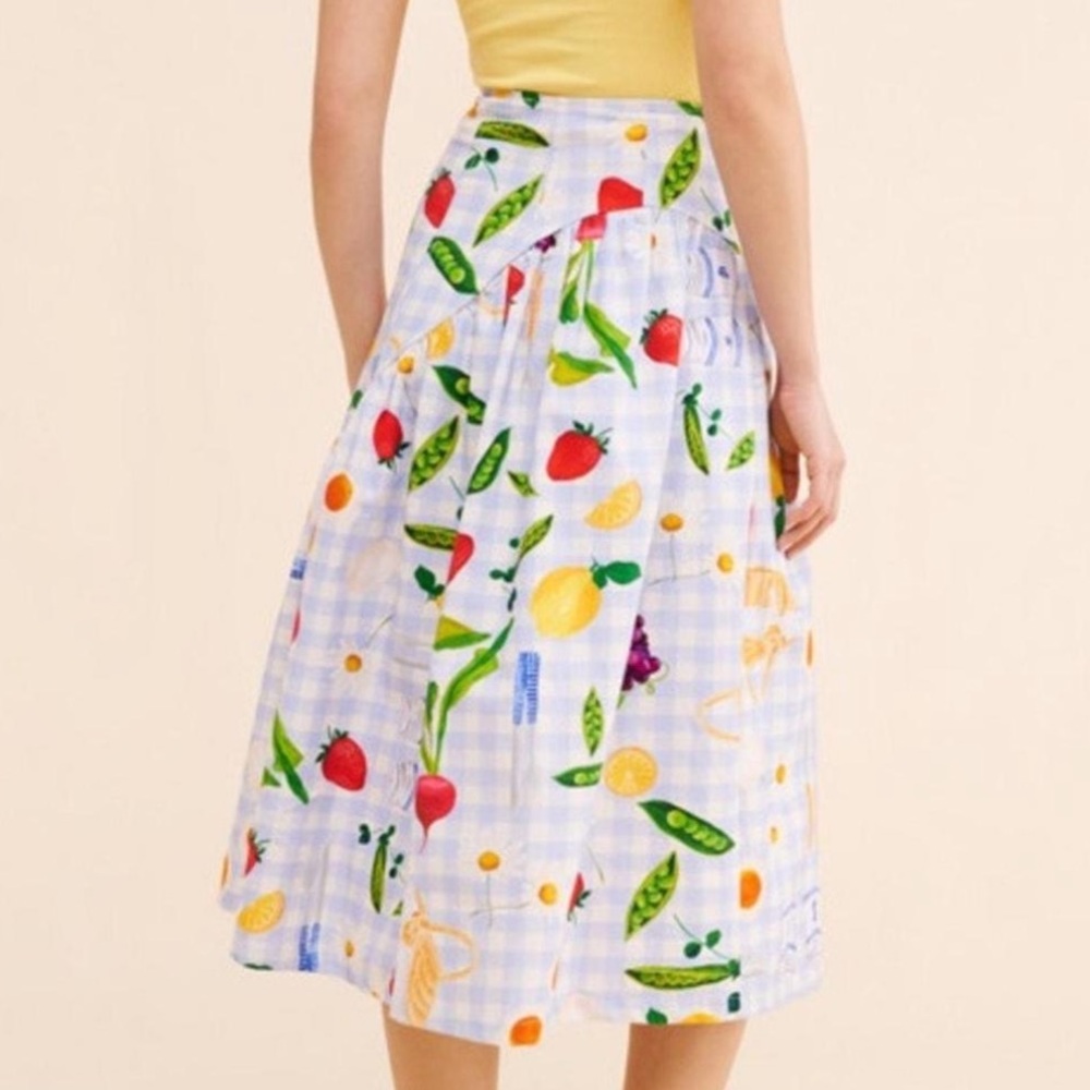 Lisa Says Gah Picnic Alfresco Basket Checker Fruit  Midi Skirt NWT Large